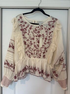 Calypso St. Barth Cream Blouse with Dusty Rose Floral Embroidery